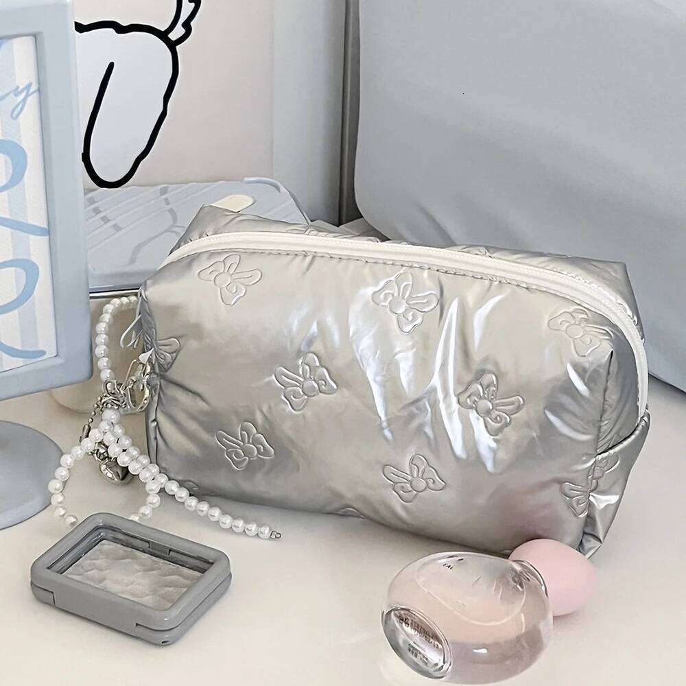 Silver Bow Women Pearl Zipper Makeup Portable Coins Lipsticks Cosmetic Storage Pouch Purse Ladies Elegant Square Bag Y260206