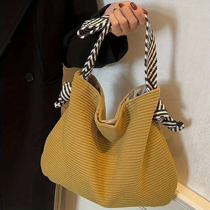 Large Capacity Corduroy Tote Women's Fashion Casual Handbag Shoulder Bag, Daily Commute Coin Shopping Phone Pouch Y260205