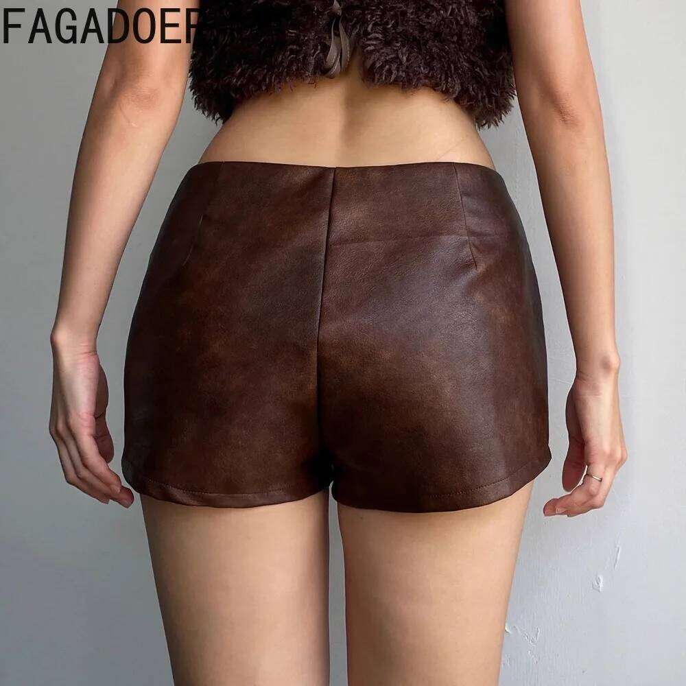 FAGADOER Sexy Leather Woman 2 Piece Set Outfit Solid Color Hole Patchwork Shorts Female Streetwear Bottoms Summer New XJ260206