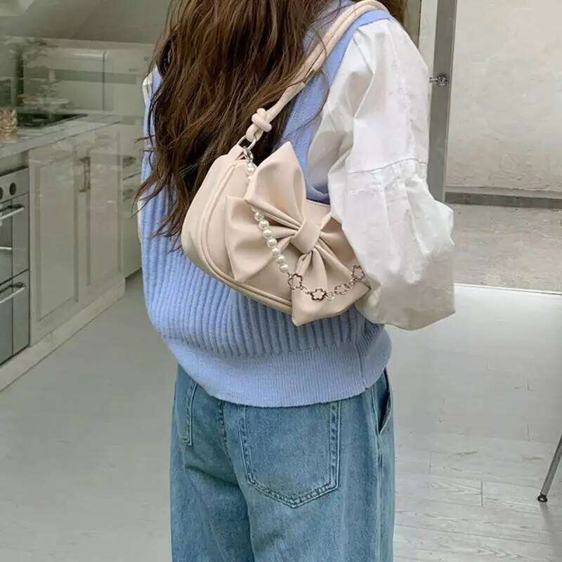 Q1QA Women Bags Pearl Chain Shoulder Bowknot Underarm Bag PU Leather Handbag Y260205