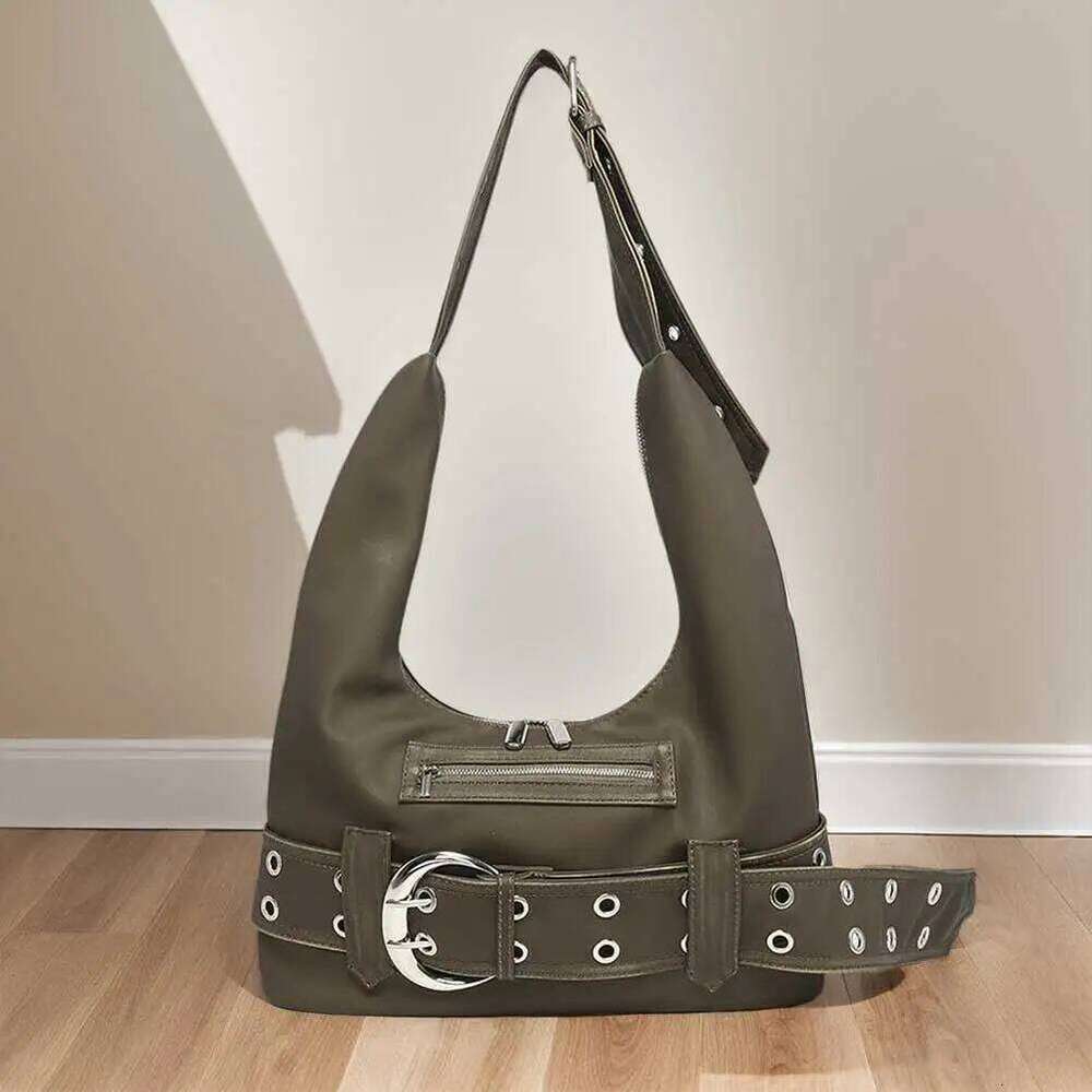 PU Leather Y2k Shoulder Adjustable Strap Belt Buckle Handbag Solid Color Motorcycle Commute Travel Shopping Tote Bag Y260205