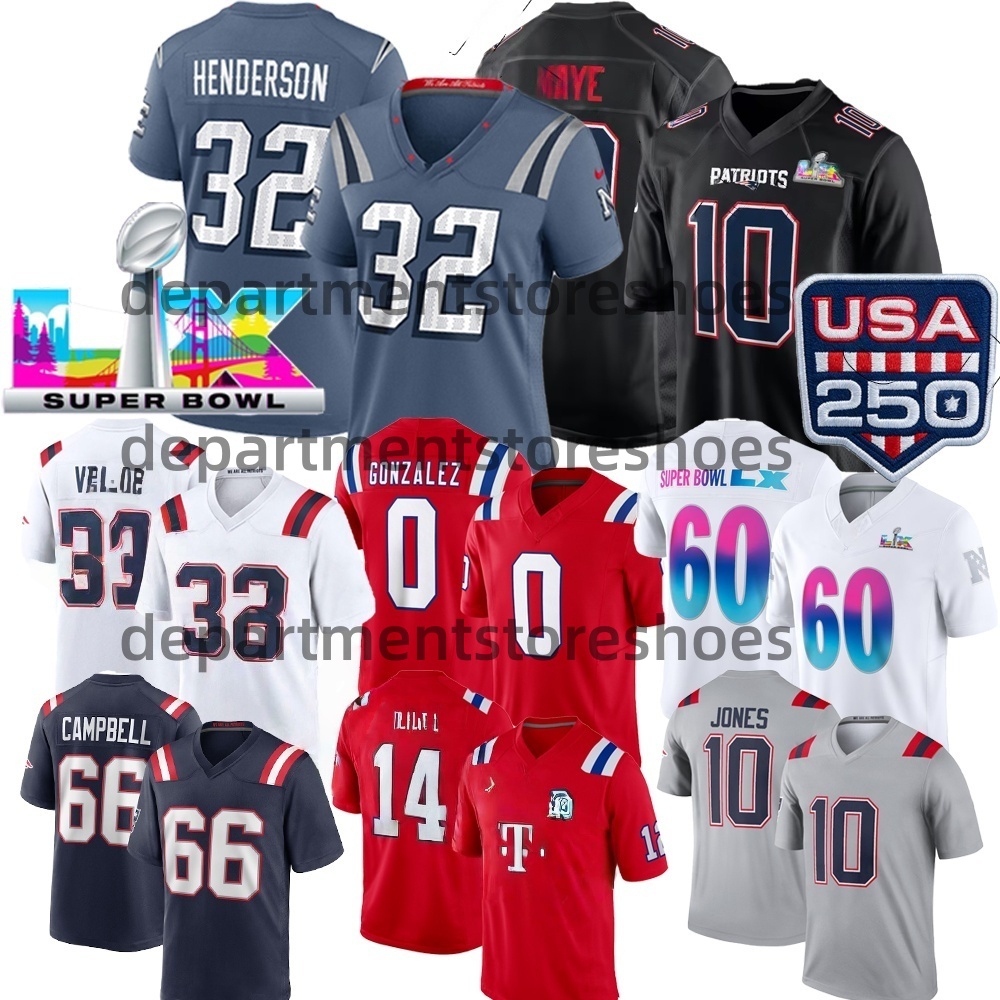 10 Drake Maye Football NewEngland Patriotses Super Bowl LX Patch Christian Gonzalez TreVeyon Henderson Will Campbell Demario Douglas Diggs Jersey