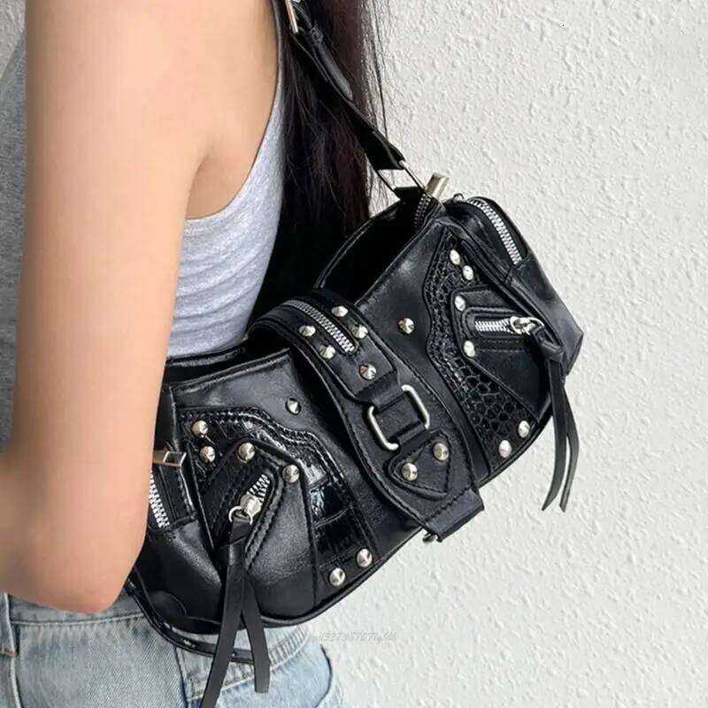 X5XA Punk Evening Bag Retro PU Leather Shoulder Purse With Studs Large Capacity Underarm Bags for Women and Girls Y260205