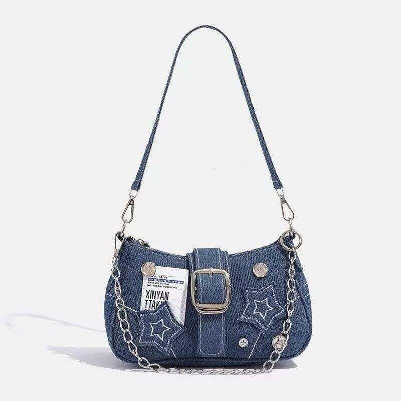 Vintage Canvas Female Small Shoulder Bags Chain Tote Purses Y2k Fashion Women's Handbags Stars Pattern Cool Girls Underarm Bag Y260205