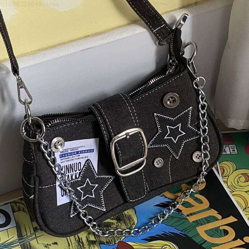 Y2k Fashion Women's Handbags Stars Pattern Cool Girl Underarm Vintage Canvas Female Shoulder Bag Chain Crossbody Tote Purses Z260207 - view 6