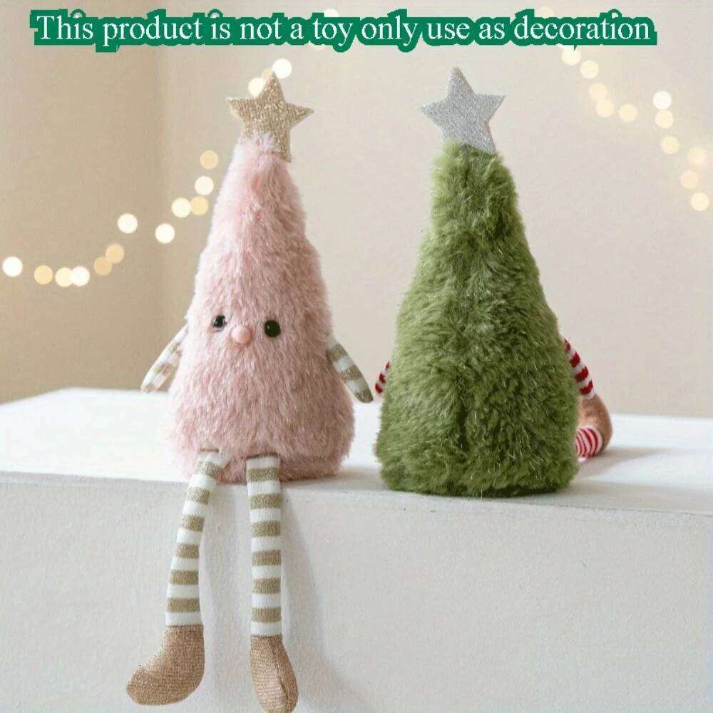 Cute Plush Christmas Tree Figurine Pendant with Stars & Striped Socks Pink,White Green Fabric Holiday Decor for Home Living Room S260204