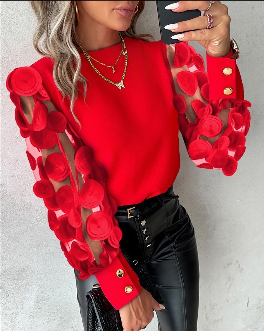 Women Patchwork Mesh Embroidered Floral Long Sleeve Blouse Tops Ladies Slim Crew Neck Pullover Shirt Summer Spring Blusas 240117