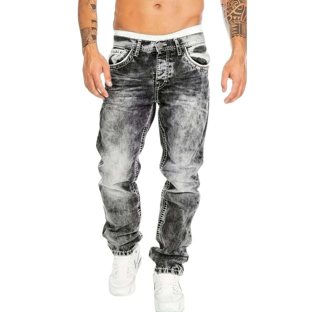 1pc Men's Casual Slim-Fit Stretch Jeans, Fashionable Street-Style Gradient Denim Pants with Washed-Out Look, Regular Fit, Machin X260207