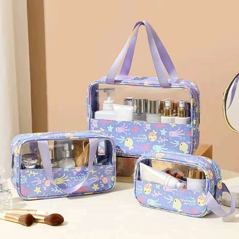 Transparent Makeup Toiletry Large Size Waterproof Swimming Bath Bags Simple PVC Tote PU Splicing Cosmetic Bag Y260206