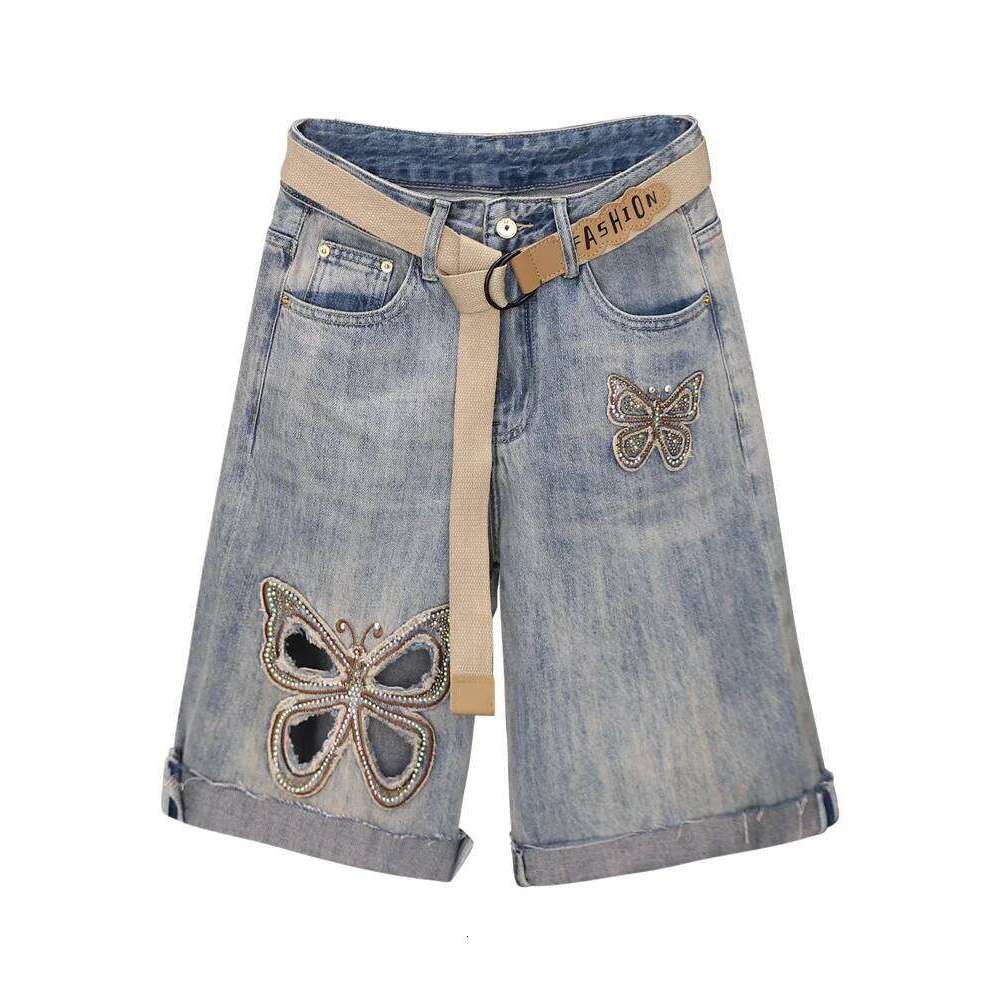 Women Hollow Denim Shorts 2025 New Summer High Waisted Fashion Butterfly Decal Half Length Jean Versatile Casual Pants XJ260206