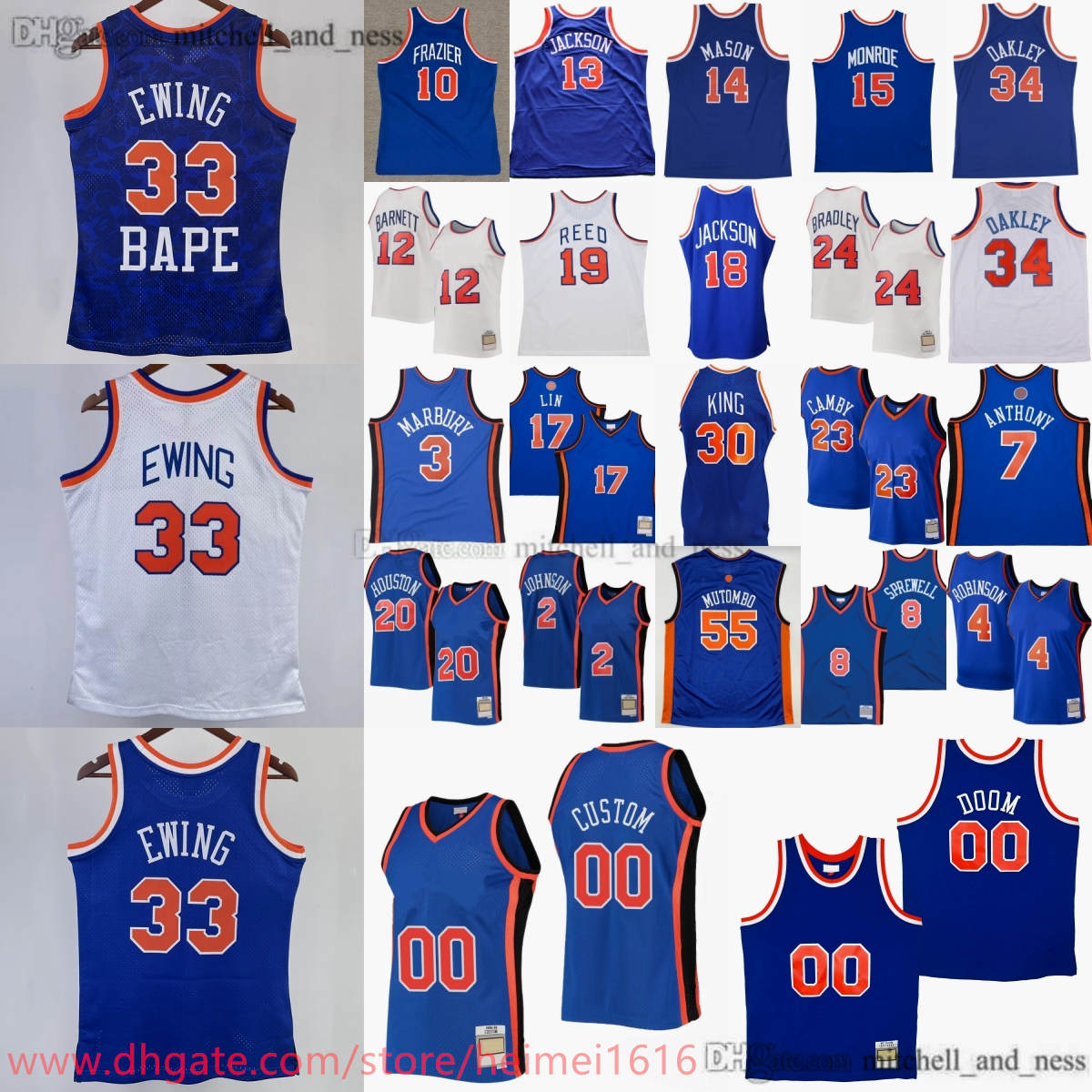Printed MN 1991-92 Basketball 33 Patrick Ewing Jersey Classic Retro Mesh 3 John Starks 8 Latrell Sprewell 10 Walt Frazier 17 Jeremy Lin 7 Carmelo Anthony Mason Johnson