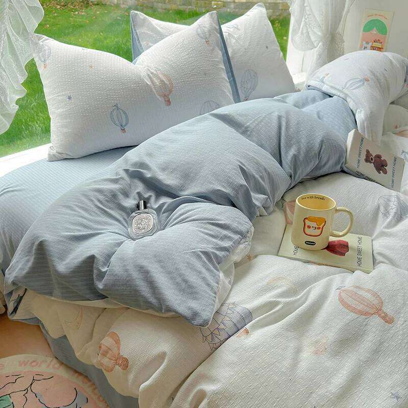 Cartoon Hot Air Balloon Duvet Covers Set, Modern Room Decor Double Layer Yarn Bedding Sets Flat Sheet 4 Pieces for Kids Teens XJ260206
