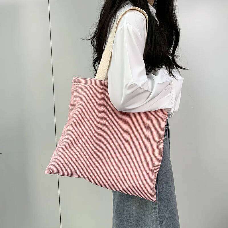 Stripe Contrast Color Women's Canvas Shoulder Large Capacity CollegeBook Tote Zipper Handbags Simple Commuter Shopping Bag Y260204