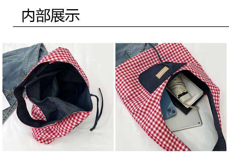 Double Sided Nylon Women's Shoulder Bags Large Capacity Plaid Ladies Tote Underarm Bag Threaded Simple Bow Casual Female Handbag Y260205