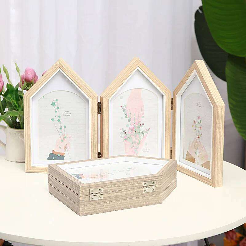 Creative Three Fold Wood Grain House Combination 6 Inch Folding Table Fresh Art Studio Photo Frame Home Decoration S260205