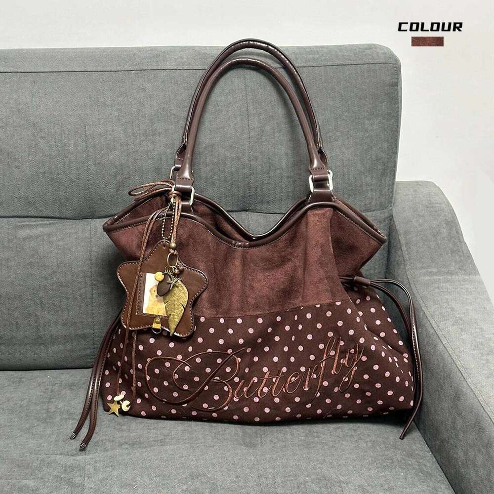 Sweet Harajuku Polka Dot Tote Women Embroidered Letter Large Capacity Shoulder Bag Ladies Drawstring Versatile Underarm Bags Y260205