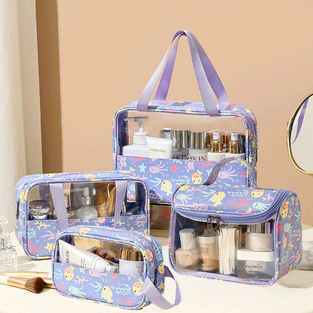 4PCS PVC Makeup Flower Printed Transparent Wash Handbag Waterproof Travel Cosmetic Pouch Convenient Toiletries Bag CoinPurse Y260206
