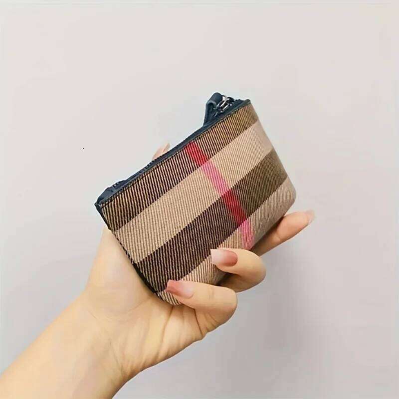 Stylish Womens Zipper Coin Purse - Compact Genuine Leather Wallet with Brown & Beige Striped Design, Perfect for Coins, Keys Y260206
