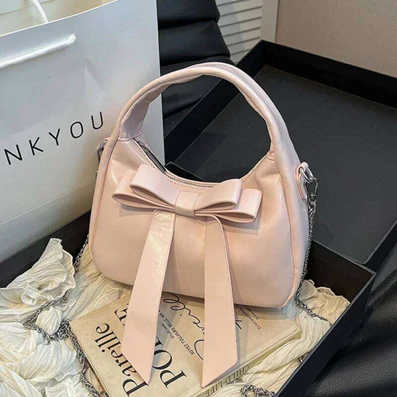 Texture Soft Leather Bow Party Handbag Summer Women Versatile Chain Crossbody Sweet Girls Simple One Shoulder Bags Y260205
