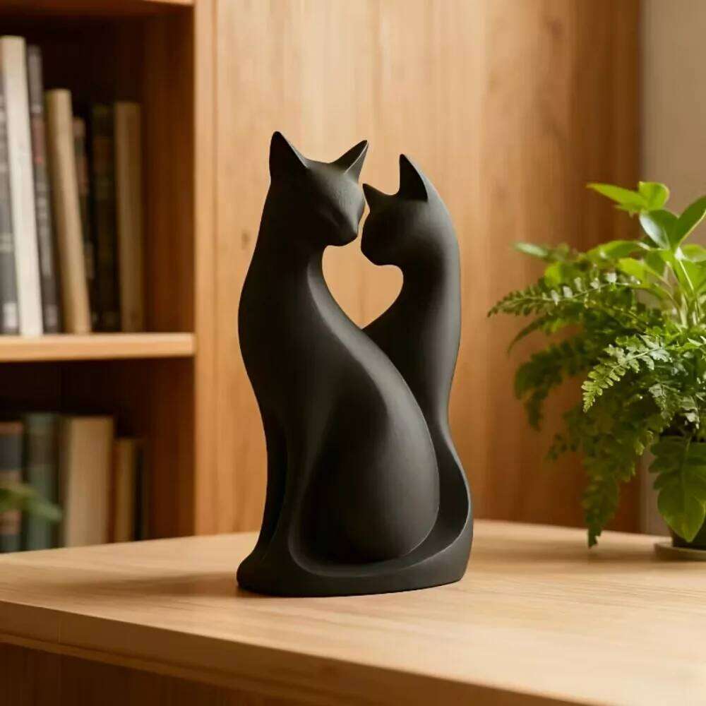 3D Printed Couple Cat Statue - Cute Black Abstract Modern Home, Valentine's Day Gift Suitable for Office Desk Decoration S260204