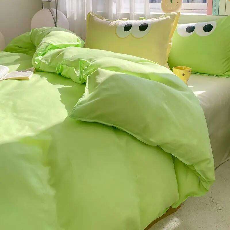 Cute Korean Style Duvet Cover Set No Filler Green Pink Mix Color Flat Sheet Pillowcases Polyester Twin Queen Size Bed Linens XJ260206