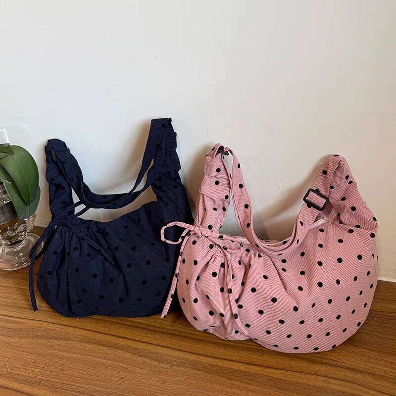 Simple Polka Dot Bowknot Decoration Corduroy Women's Shoulder Bags Large Capacity Female Handbag Versatile Ladies Messenger Bag Y260205