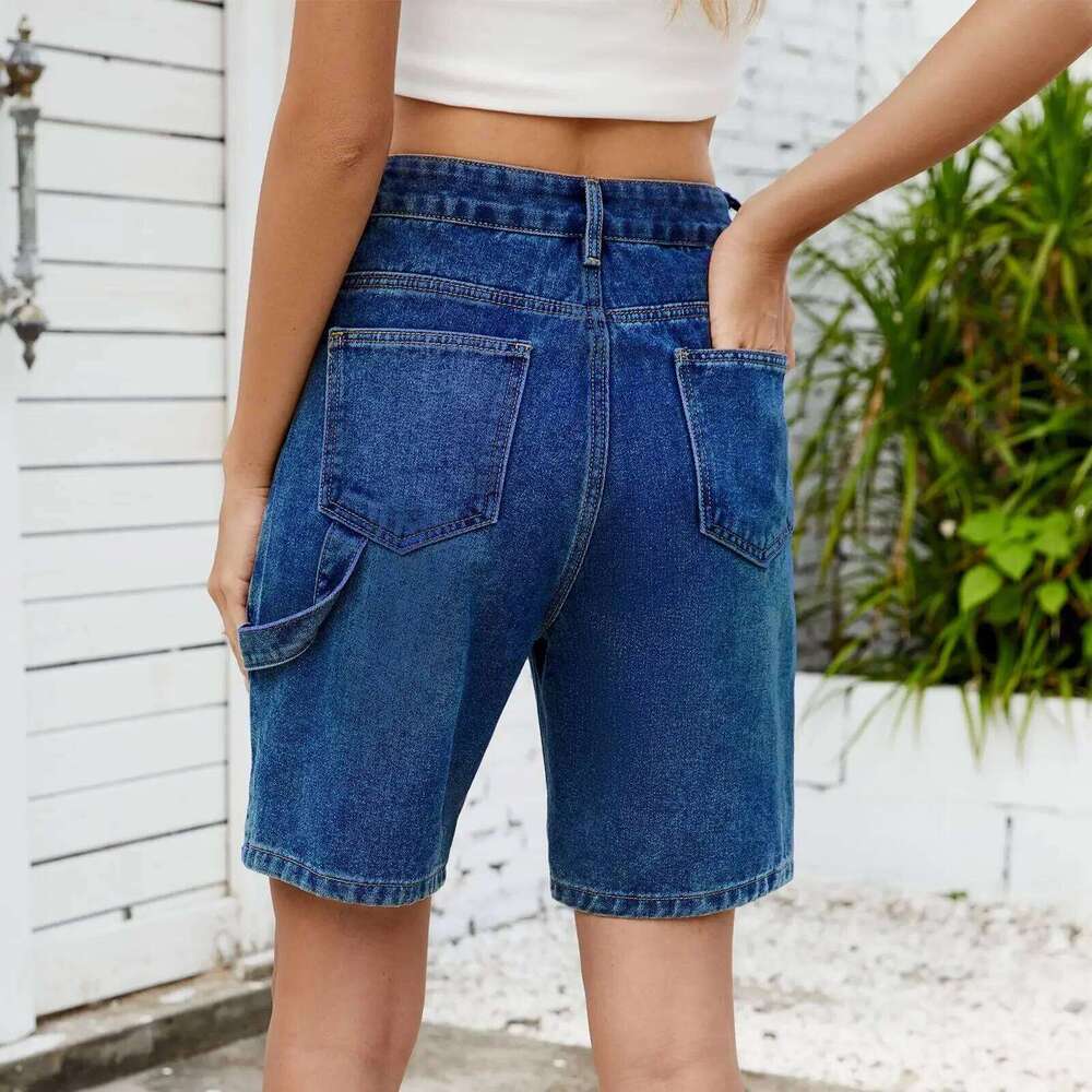Straight Pants Women Denim Shorts Vintage Jeans Knee Length Trousers Mid Waist Washed Distressed Pockets 2025 Female Streetwear XJ260206
