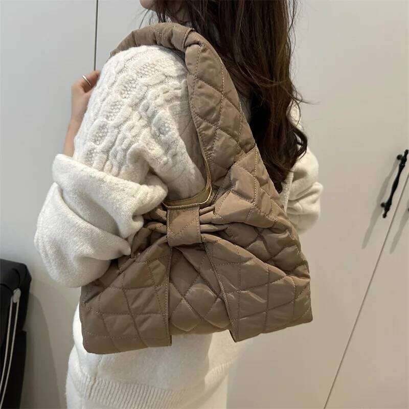 Simple Quilted Design Women's Shoulder Bags Bow Solid Color Ladies Underarm Vest Bag Large Capacity Female Casual Tote Handbags Y260205