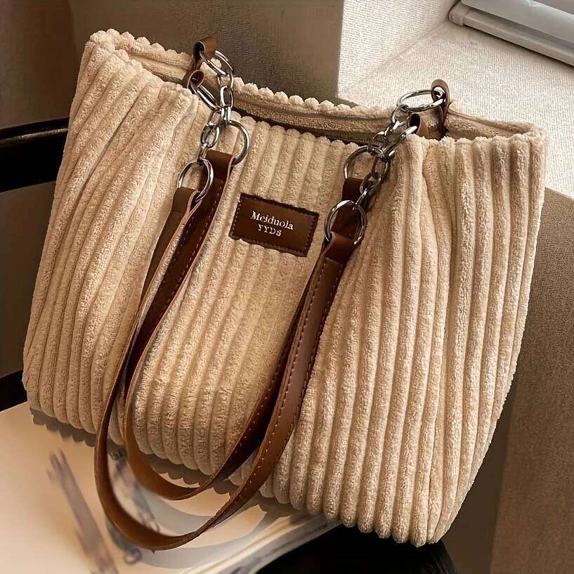 Women's Corduroy Bag, Solid Color Handbag, Fixed Shoulder Strap, Zipper Closure, Large Capacity, Simple and Fashion Z260207 - view 6