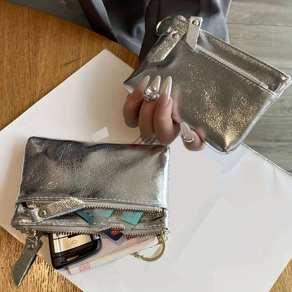 Silver zipper small wallet for women. Top layer cowhide mini pouch. Cracked texture key bag. Card holder. Coin purse. Y260206