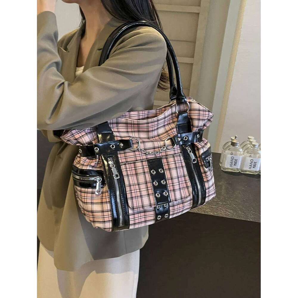 Fashion Trend Grid Gothic Punk Large Capacity Tote Bag2026Canvas Casual Commuter Versatile Shoulder Bag Bolsa De Un Hombro Mujer Z260207 - view 5