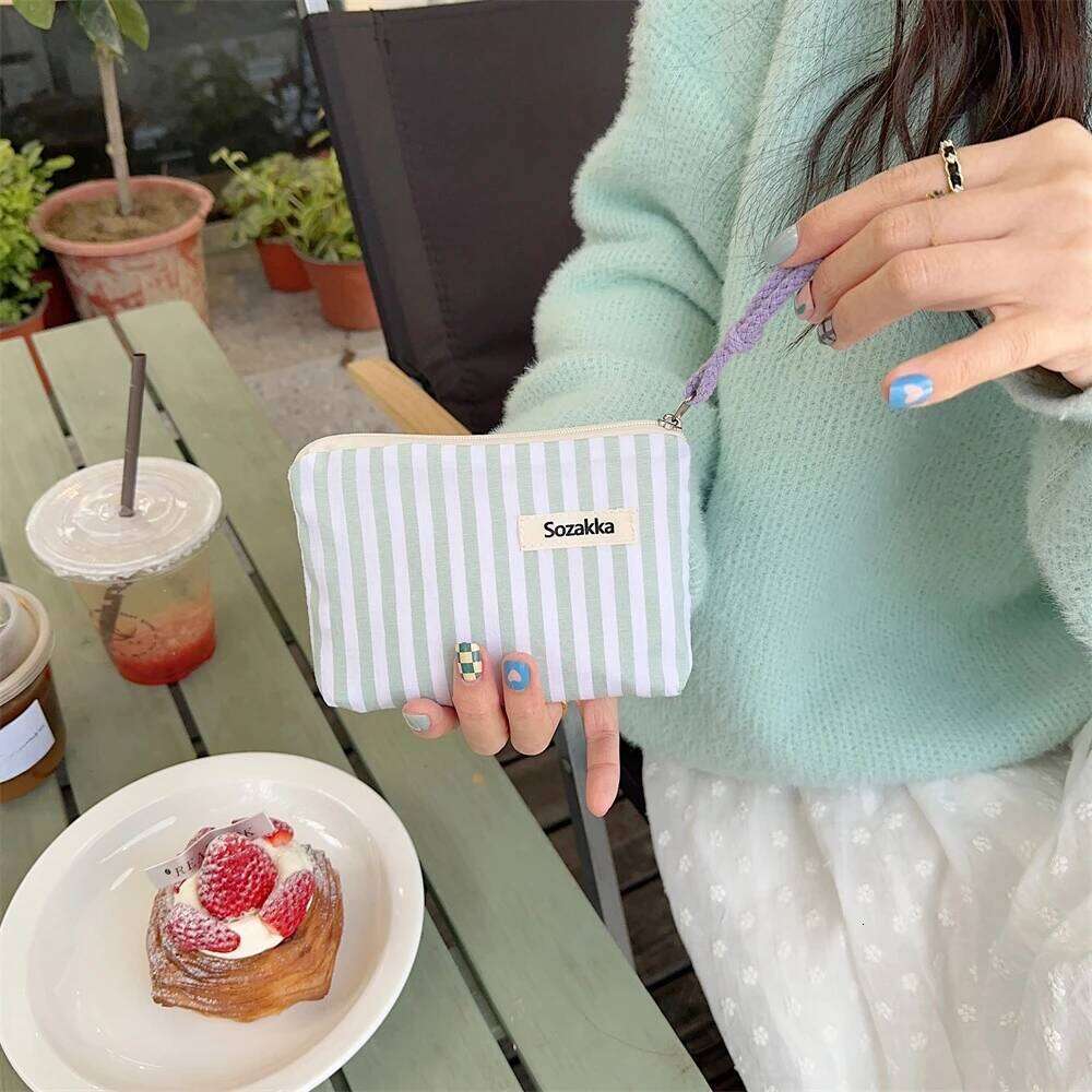 Small Cosmetic Make Up Bag Mini Canvas Striped Organizer Bags for Women Lipstick Makeup Children Cute Purse Coin Pouch Case Y260206