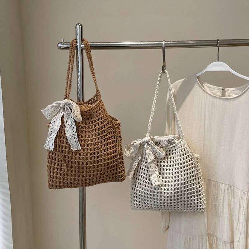 Crochet Lace Bow Tote for Women Summer Beach Handbag Large Capacity Hollow Out Knitted Bags Bohemian Woven Shoulder Bag Y260205
