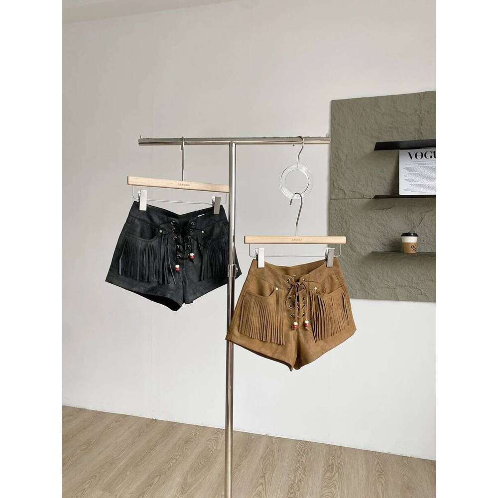 Women's Summer High Street Music Festival Tassel Shorts Lady Drawstring Waist Straight Short Pants XJ260206