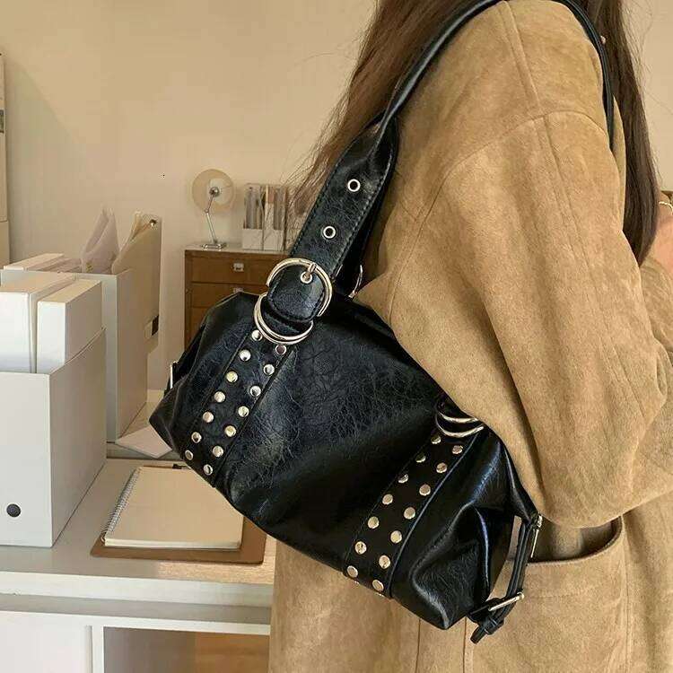 Fashion rivet women Shoulder PU leather Hot girl motorcycle bag bolsa feminina female Underarm Bag ladies big handbag Black Z260207 - view 4