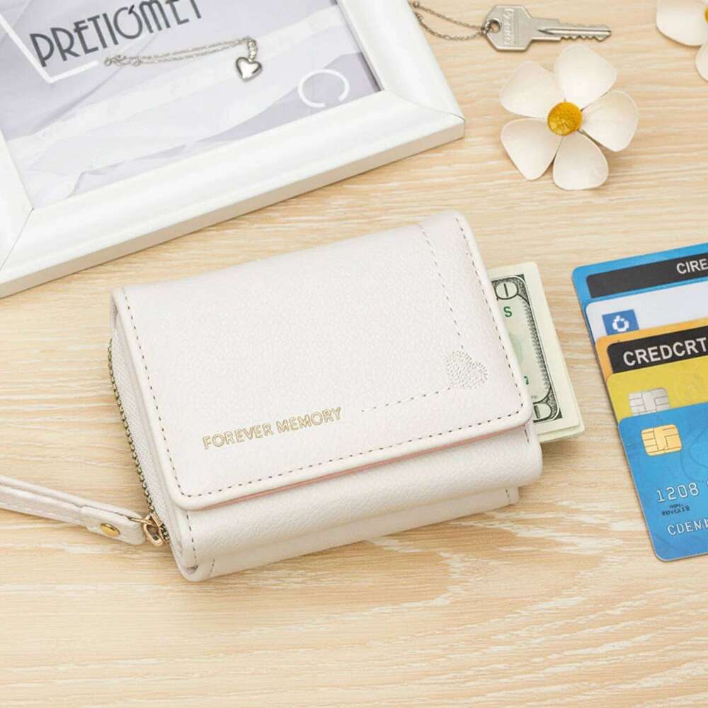 Women Short Tri-fold Wallet with Heart Embroidery Multiple Slots Compact Card Holder Lightweight Purse Organizer Y260206