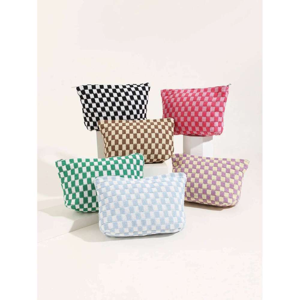 Checkered Cosmetic Travel Toiletry Organizer Cute Makeup Brushes Aesthetic Accessories Storage Bag for Women Y260206