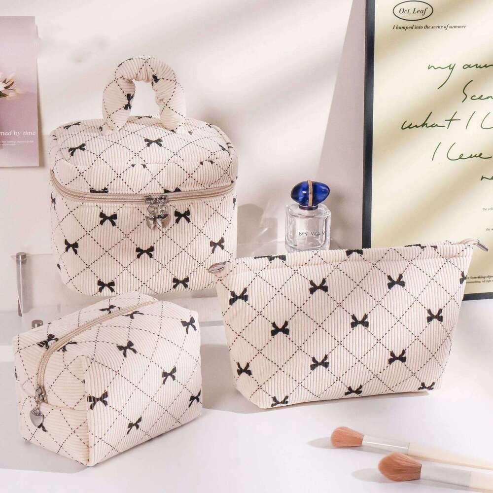 Fashion Bow Women Corduroy Makeup Storage Large Capacity Travel Organizer Cosmetic Pouch Small Handbag Zipper Clutch Bag Y260206