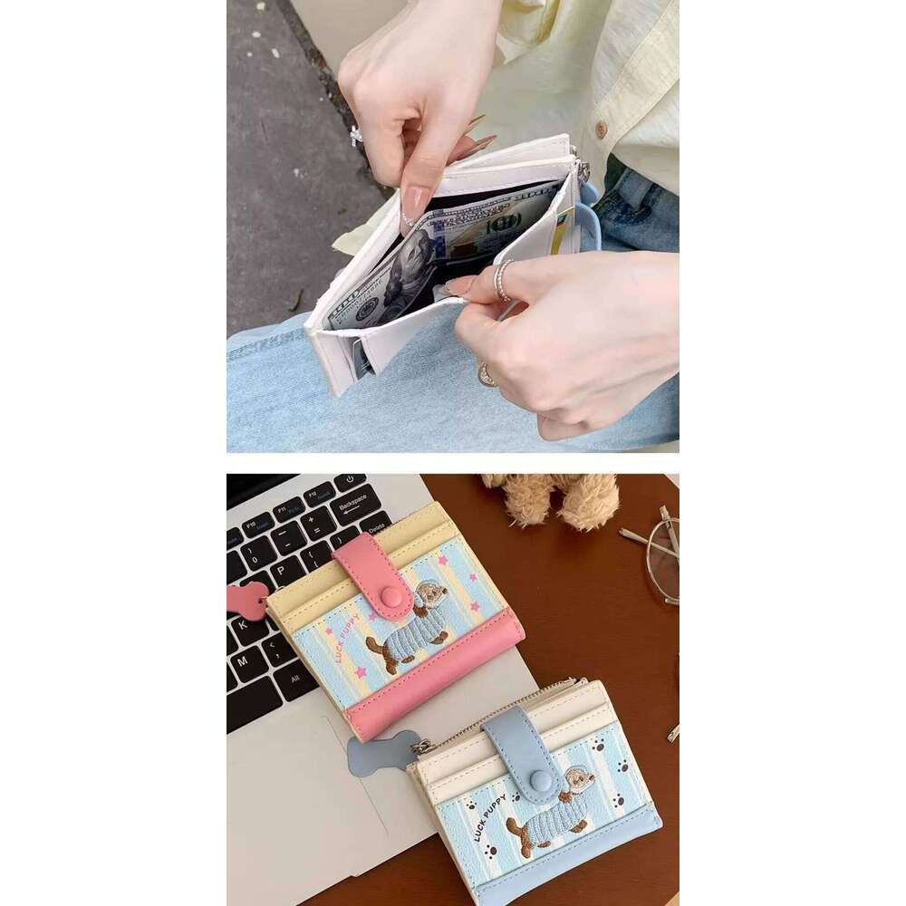 Ins Dachshund Embroidery Short Wallet Dopamine Color Zipper Card Bag PU Cartoon Dog Coin Purse Women Girl Y260206