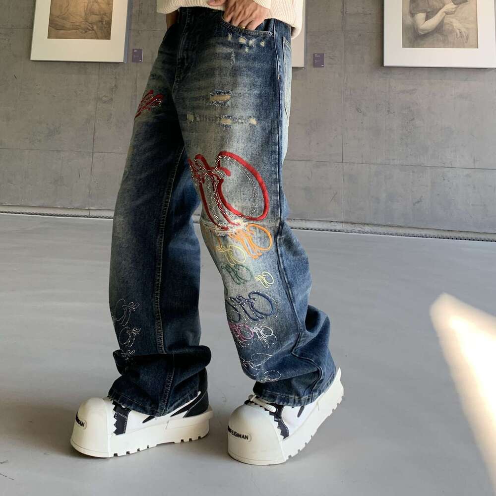 Letter embroidery straight-leg denim pants for men - new autumn style, high street design, loose and wide fit, floor-length, trendy L260127