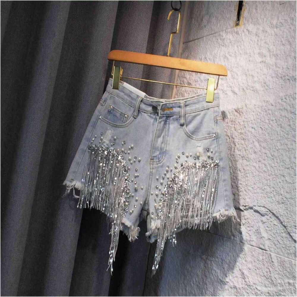 Women Sequined Fringe Denim Summer Rhinestone Pearl Beading Short Jeans Casual Fashion High Waist Female A-line Shorts XJ260206