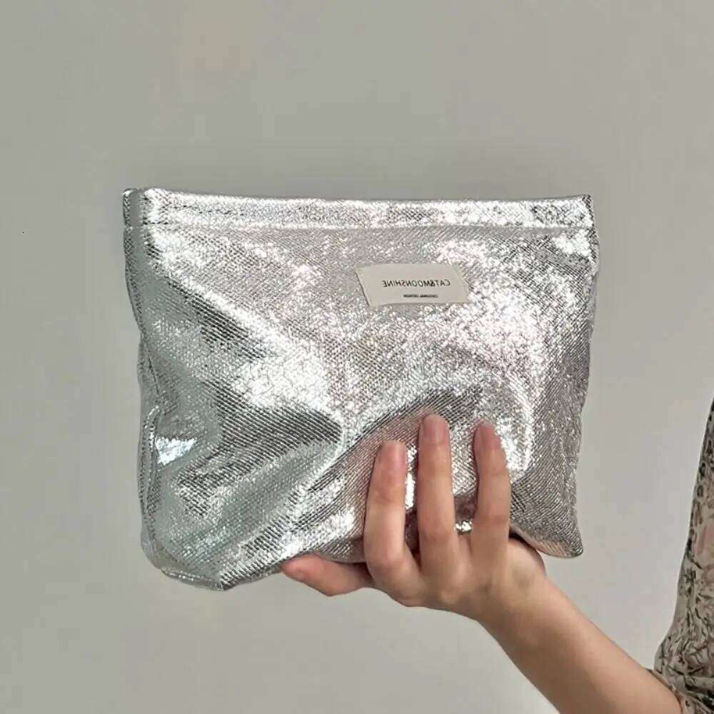 Fashion Shiny Sequins Makeup Champagne Silver Cosmetic Solid Color Toiletries Skincare Storage Bag Women Y260206