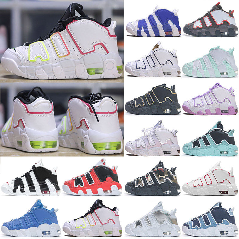2026 Kids Shoes Uptempos New Scottie 96 More Tri-color Pippen Total White Sunset Multi-color Black Bulls Renowned Rhythm Raygun Denim Boys Girls Sneakers