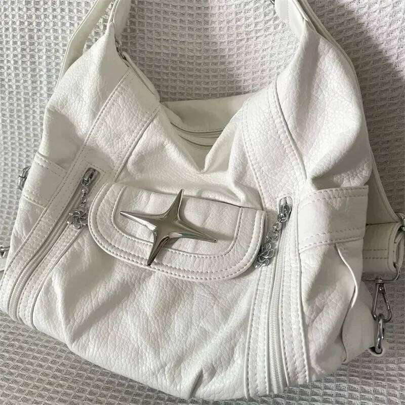Y2k Large Capacity Shoulder White Pu Leather Star American Style Punk Goth Fashion Simple Handbag Tote Bag Z260207 - view 4