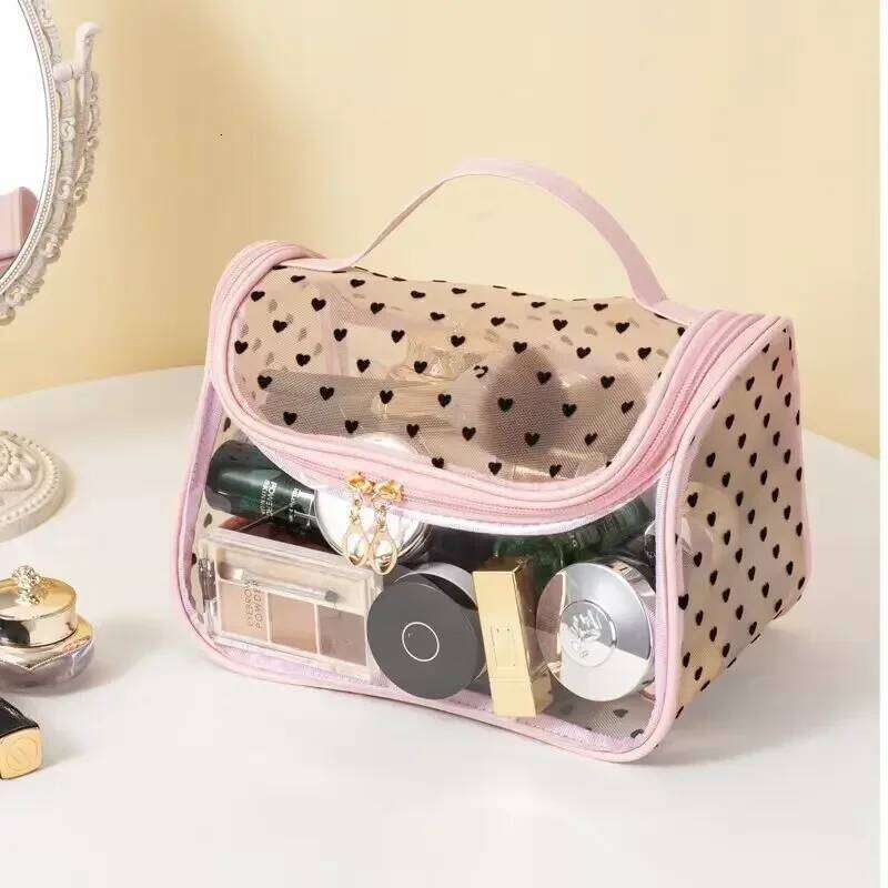 Clear Mesh Design Travel Bag Large Capacity Cosmetic Organizer with Handle Nylon Makeup Pouch Available Y260206