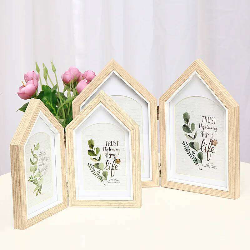 Creative Three Fold Wood Grain House Combination 6 Inch Folding Table Fresh Art Studio Photo Frame Home Decoration S260205