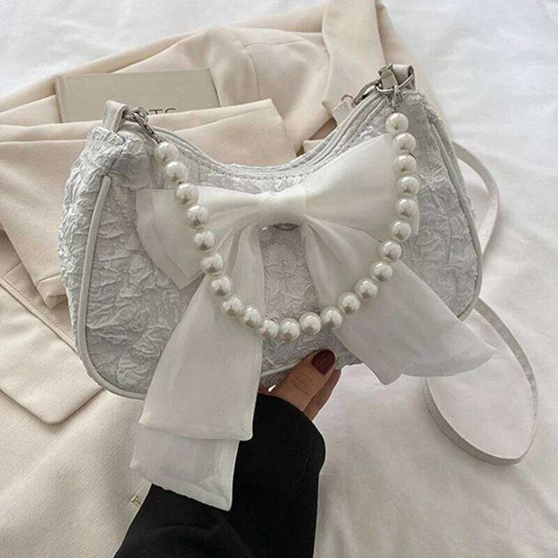White Pleated Pearl Female Luxury Designer Handbag Cute Bow Shoulder Bag Fashion Y2K Vintage Women's Purse Versatile Y260205