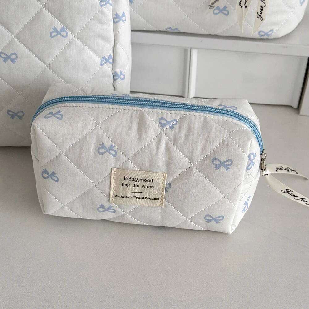 Blue Bow Quilted Women Cosmetic Bag Sets Large Capacity Makeup Handbag Travel Pouch 3 Type Ladies Zipper Organizer for Bags Y260206