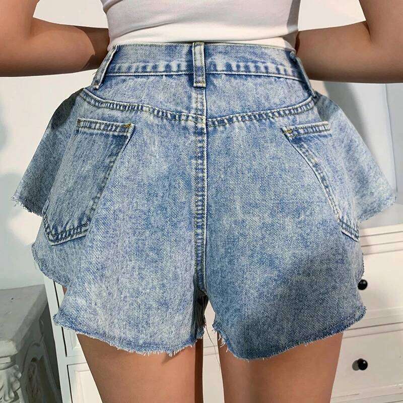 CHICEVER Denim Shorts For Female High Waist Pockets Sexy Ruffles Wide Leg Short Women's Solid Trousers 2024 Summer Clothes XJ260206