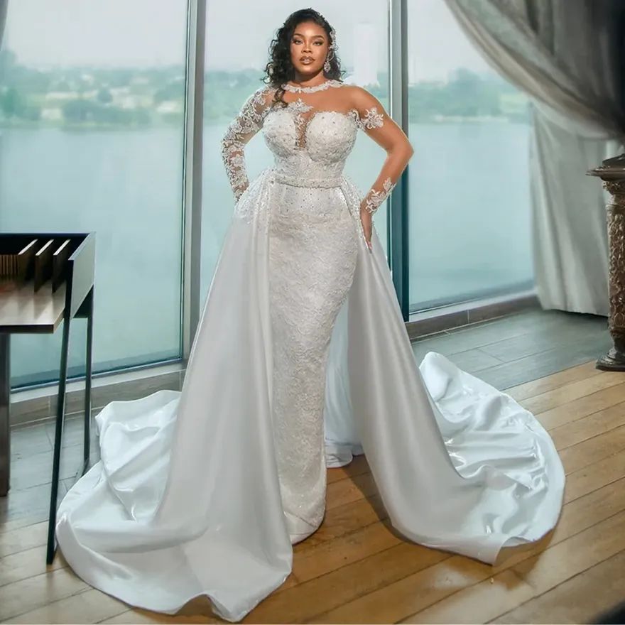 Mermaid Dresses Bridal Gowns With Detachable Train Plus Size Illusion Long Sleeves Beaded Lace Wedding Gown for African Black Women Bride O19